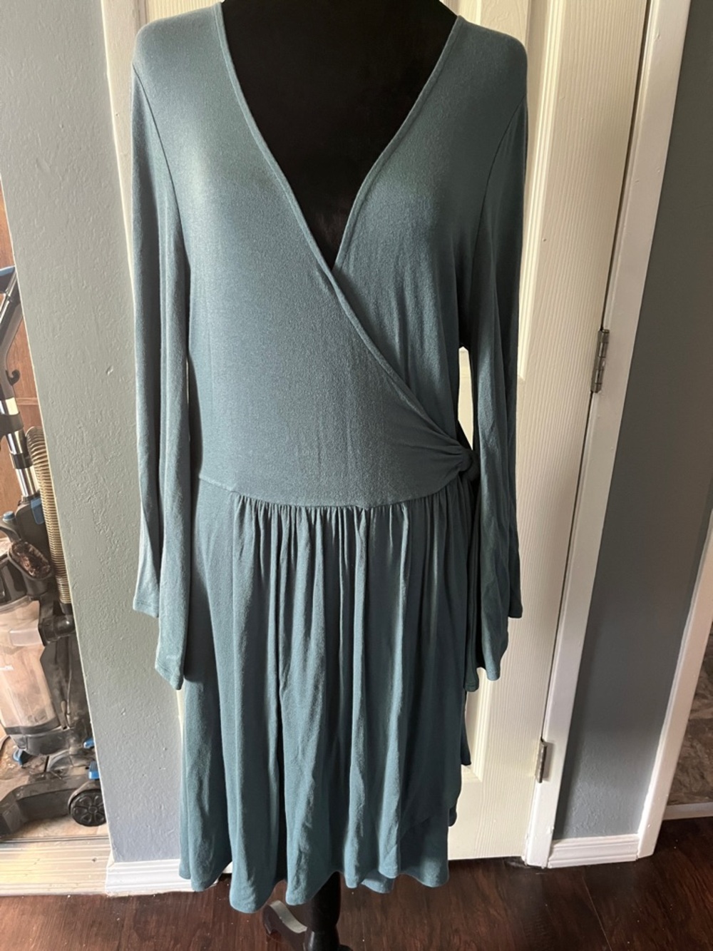 Long-Sleeve Teal Wrap Midi Dress with Side Tie